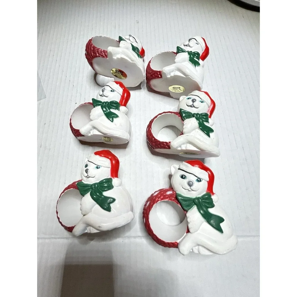 Hand Painted Ceramic Polar Bear Christmas Napkin Rings, Set of 6 White Red Green